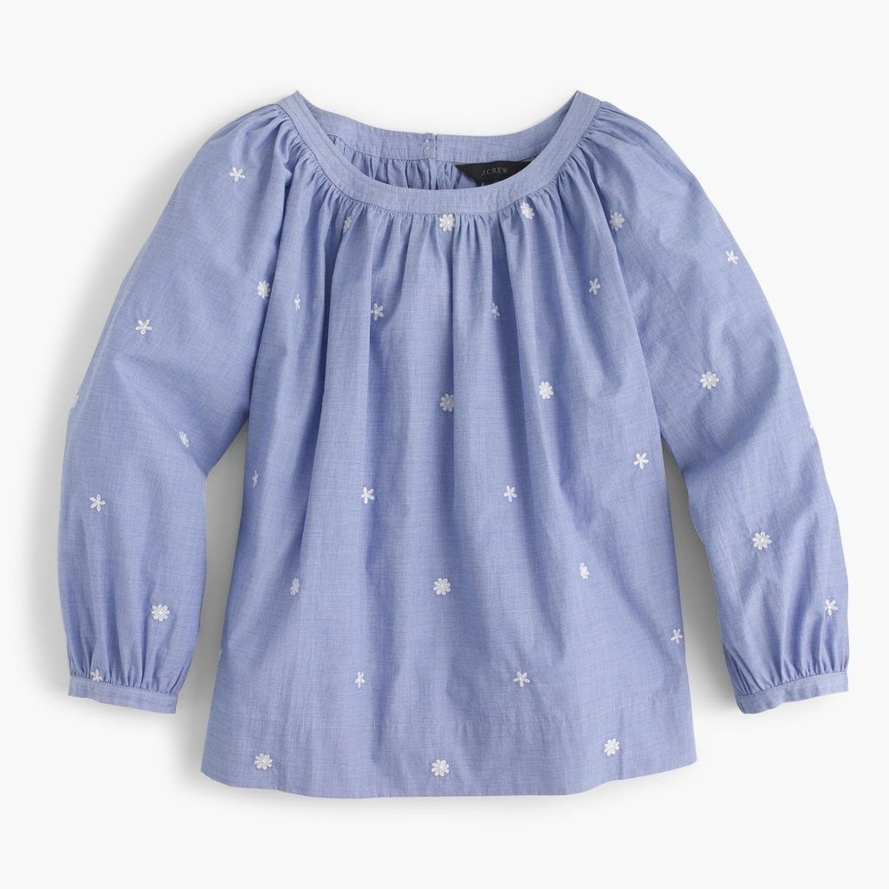 J. Crew Blue and White Flower Embroidered Blouse